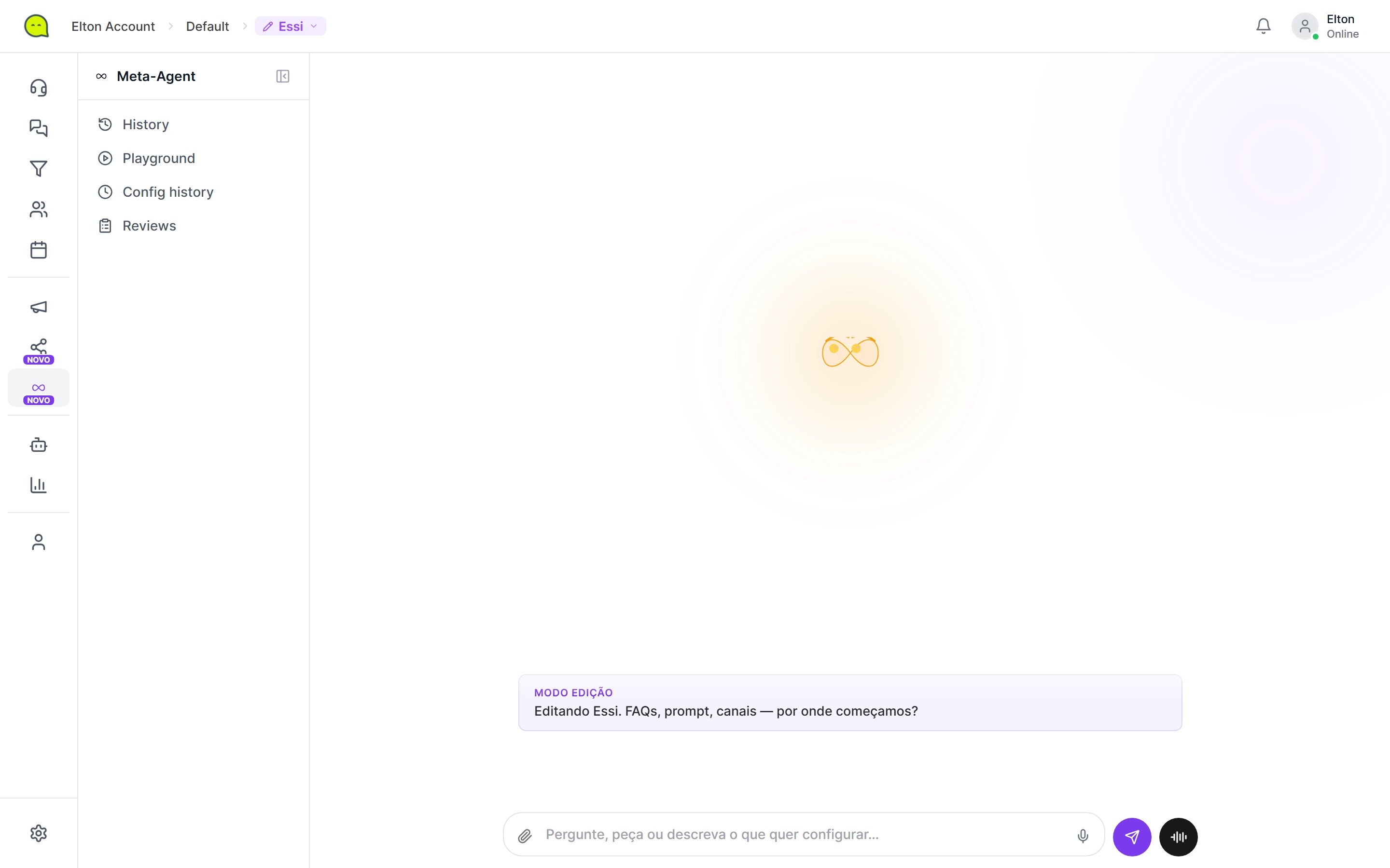 Meta-Agent da Voorks em modo de edição, configurando o agente por conversa