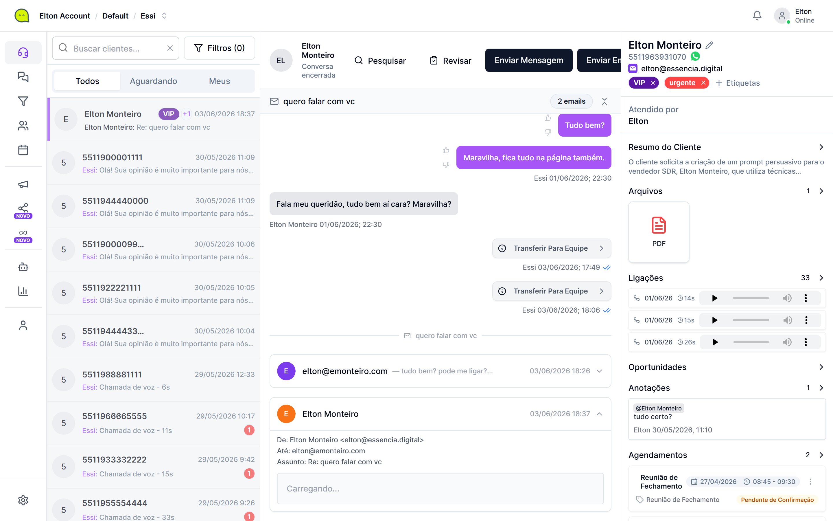 Central operacional da Voorks com conversas de vários canais e painel do cliente